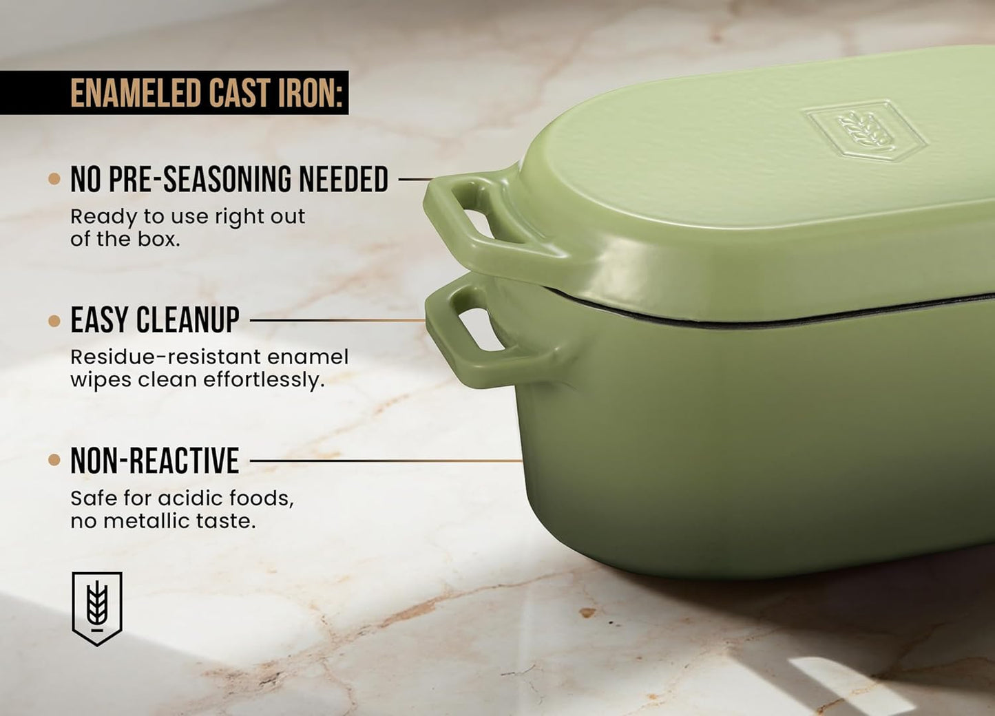 Kook Dutch Oven with Lid, Dual Handles, Enameled Cast Iron, Great for Baking Bread, Cooking and Roasting, Dishwasher Safe, 3.4 Qt, Sage Ombre