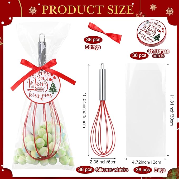 36 Sets 10 Inch Christmas Whisks Gifts DIY Fillable Christmas Tree Ornaments Xmas Colored Silicone Whisks for Cooking Heat Resistant Egg Beaters with Card Rope Bag for Candy Holder