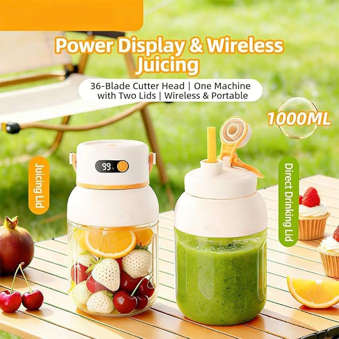 Portable Electric Juicer Cup with Zero Cord Hassle, 800-1200ML Personal Rechargeable Blender Portable for Shakes and Smoothies, with 36 Stainless Steel Blades, Straw and Two Lids (1200ML/42.33OZ)