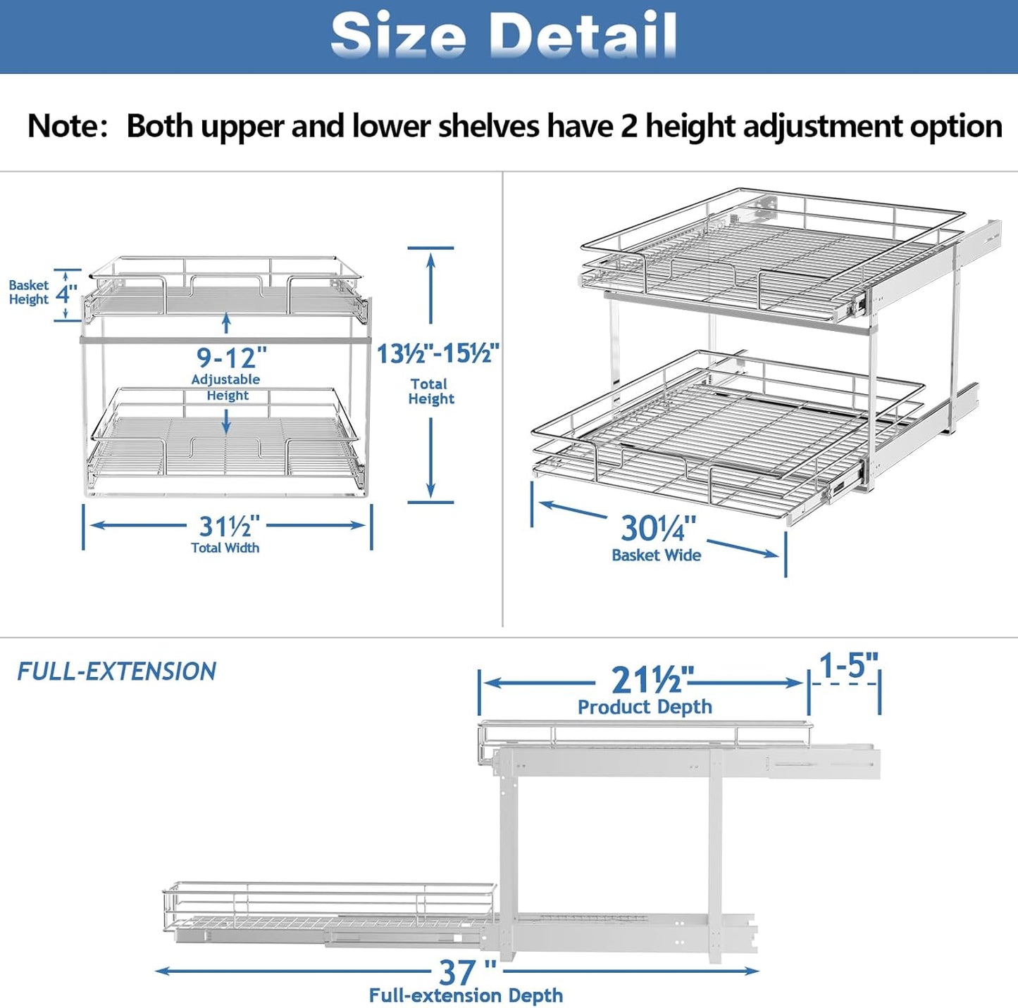 ROOMTEC Individual Pull Out Cabinet Organizer (31½" W x 21½" D), 2 Tier Spice Rack Organizer for Cabinet, Slide Out Drawer Pantry Shelf Organization and Storage for Kitchen Bathroom