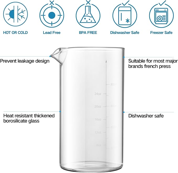 YMMIND Standard Universal Design 34 oz French Press Replacement Glass Beaker, Fits Most Brands French Press Coffee Makers (1Quart / 1000ml / 5-6 Cup) Coffee Press Borosilicate Glass Bottle