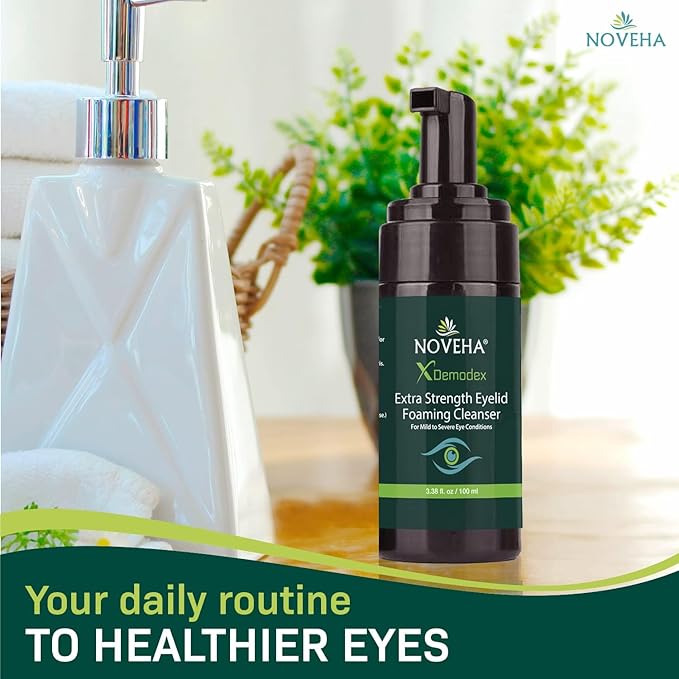 NOVEHA Demodex Eyelid Cleanser Foam | Extra Strength Tea Tree Oil Formula | Daily Face Wash For Eyelash, Demodex, MGD, Stye Eyes, Eye Irritations & Skin Dryness, 3.38 fl oz (3 Pack)