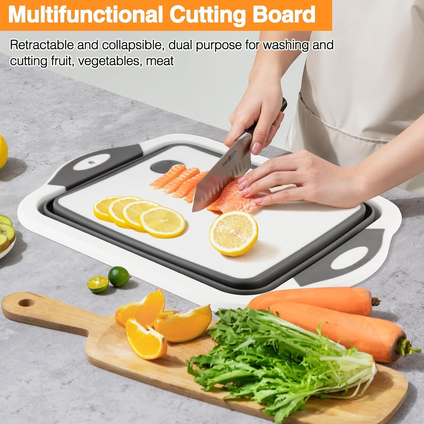 Collapsible BBQ Prep Tub/Cutting Board 10L, Foldable Dish Tub with Colander, Portable Camping Sink, Multifunction Dishing Basin Bucket Wash Tub for Kitchen Fruit Vegetable Picnic (Gray)