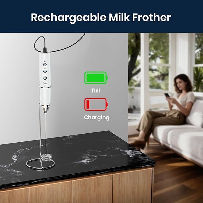 Sakgos Milk Frother with Stand Rechargeable-Handheld Coffee Frother with 3 Stainless Whisks 3 Speed Adjustable, Electric Whisk Drink Mixer, Foam Maker Blender for Matcha Latte Cappuccino Chocolate