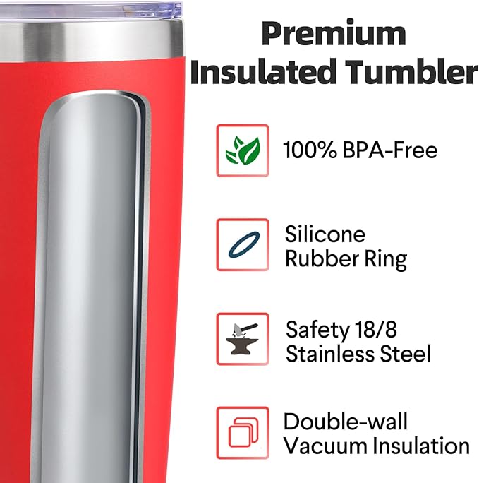 Volhoply 20oz Stainless Steel Tumbler with Lid and Straw Bulk 8 Pack,Double Wall Insulated Travel Iced Coffee Mug Fits Cup Holder,Powder Coated Cups for Hot/Cold Drinks,Christmas Gifts（Red,8 Set）