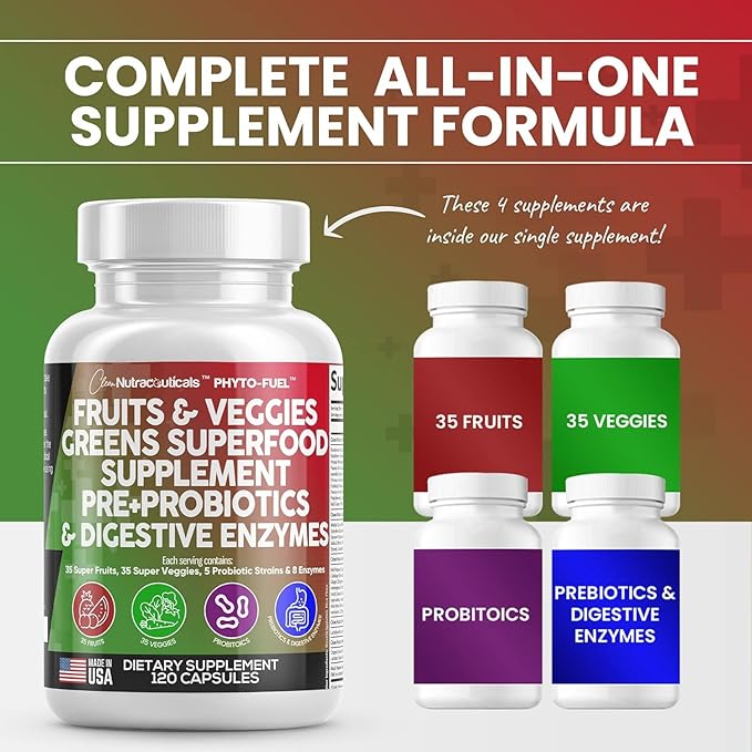 Clean Nutraceuticals Fruits and Veggies Supplement Reds & Green Superfood - Balance of Over 70 Fruit & Vegetable Supplements Capsules with Probiotics Prebiotics Digestive Enzymes - 5Pack