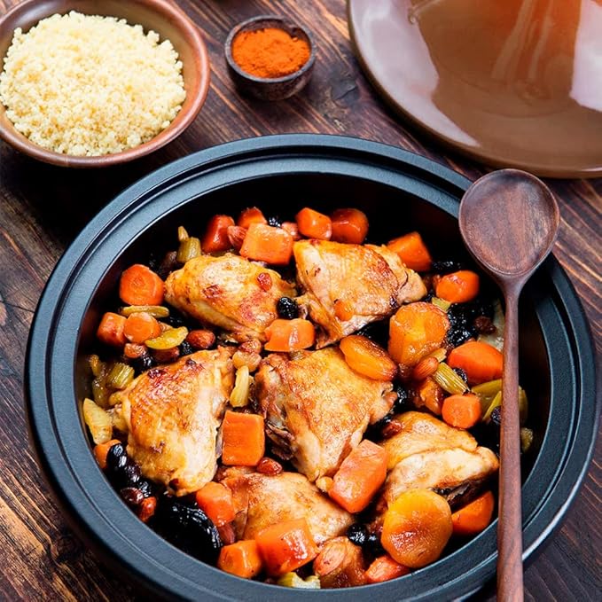 KooK Moroccan Tagine, Enameled Cast Iron Cooking Pot, Tajine with Ceramic Cone-Shaped Closed Lid, 3.3 QT, (Terracotta)