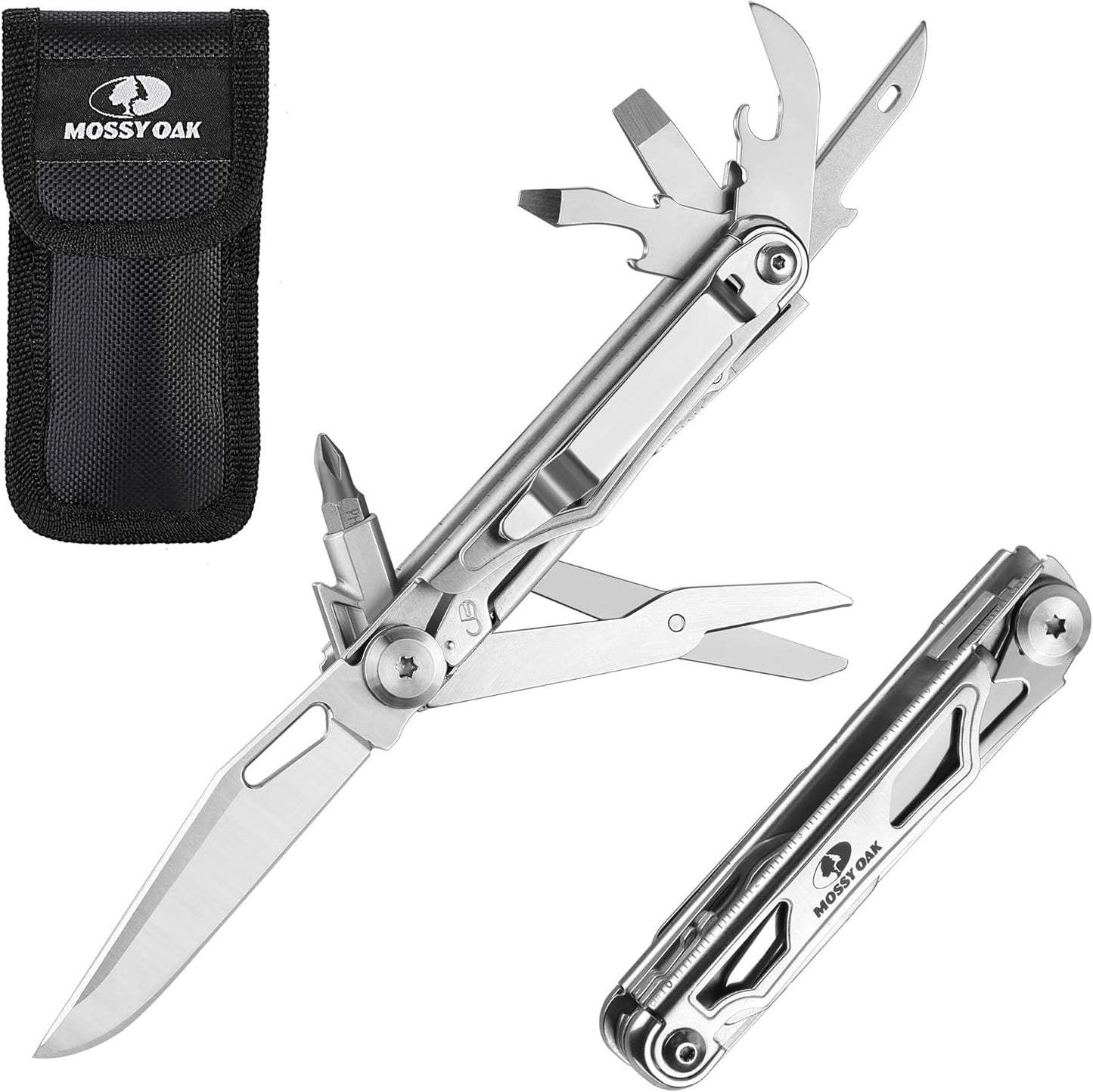 Mossy Oak 12-in-1 Multitool Pocket Knife with Pouch, Stainless Steel Multitool Knife with Clip, Survival Tools with Scissors, Bottle Opener, Wire Stripper, Glass Breaker, Screwdriver