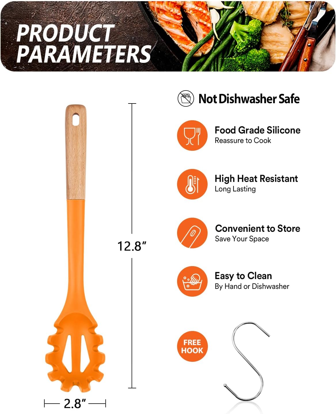 Silicone Pasta Fork, Kitchen Heat Resistant Noodle Spoon Server, BPA Free Spaghetti Strainer,12.8 inch (ORANGE)