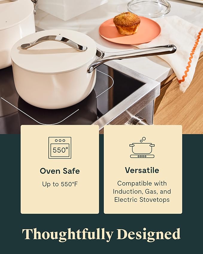 Caraway Nonstick Ceramic Sauce Pan with Lid (1.75 qt) - Non Toxic, PTFE & PFOA Free - Oven Safe & Compatible with All Stovetops (Gas, Electric & Induction) - Sage