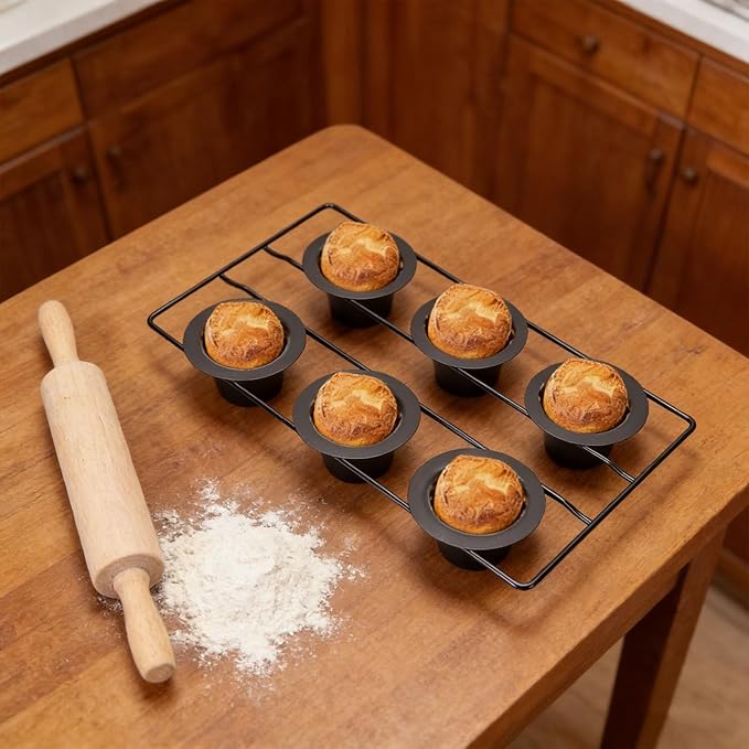 Aramox 6 Cup Popover Pan for Baking, Non Stick Carbon Steel, Deep Tapered Cups with Wire Rack, 22.5x40.5x5.5cm/8.9x15.9x2.2in