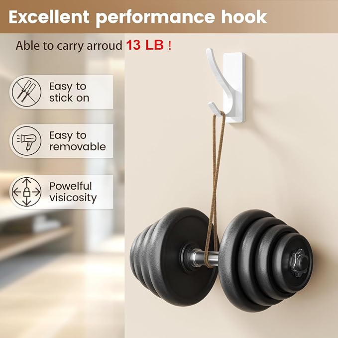 pickpiff White Self Adhesive Coat Hooks for Hanging: 13LB Extra Strong Stainless Wall Hook for Towel, Utensil, Backpack, Hat, Sturdy Metal Hanger for Bathroom, Kitchen, Door, 6 Pack
