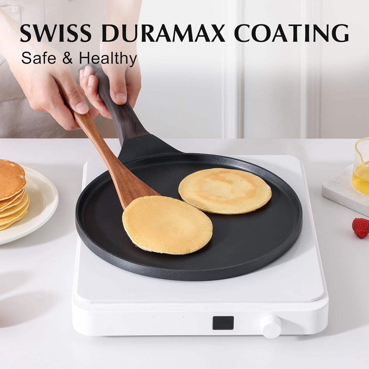 SENSARTE Nonstick Crepe Pan, Swiss Granite Coating Dosa Pan Pancake Flat Skillet Tawa Griddle 10-Inch with Stay-Cool Handle, Induction Compatible (Black)