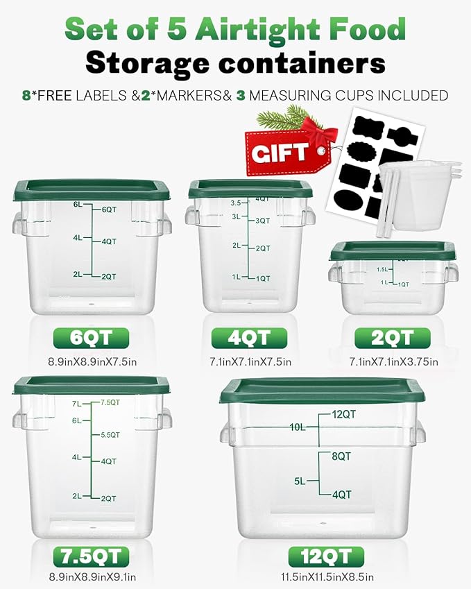 4L NSF Food Storage Containers: 4 PCS [Food Grade][Hot&Cold Resistant] Commercial Clear Food Storage Containers with Lids for Restaurant Kitchen Proof Dough, Measuring Spoons Included(Green)