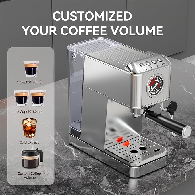 EM623 Espresso Machine 20 Bar with Steam Milk Frother, Stainless Steel Coffee Machine with Removable Water Tank for Cappuccino,Latte, Compact Stainless Steel Coffee maker for home,Great Gift