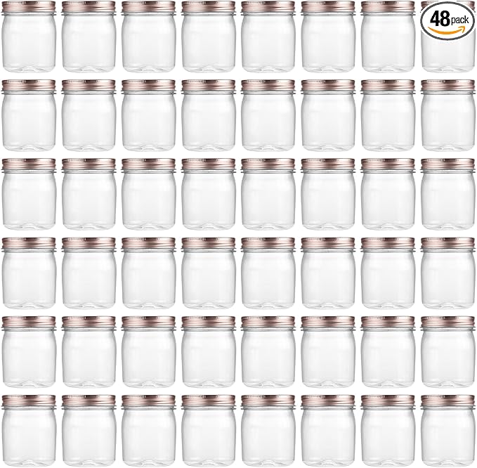 novelinks 8 oz Clear Plastic Jars with Airtight Lids, 48 Pack Plastic Mason Jars with Lids 8oz, Refillable Storage Slime Containers & Small Spice Jar for Kitchen Organization (48 Pack,Rose Gold)