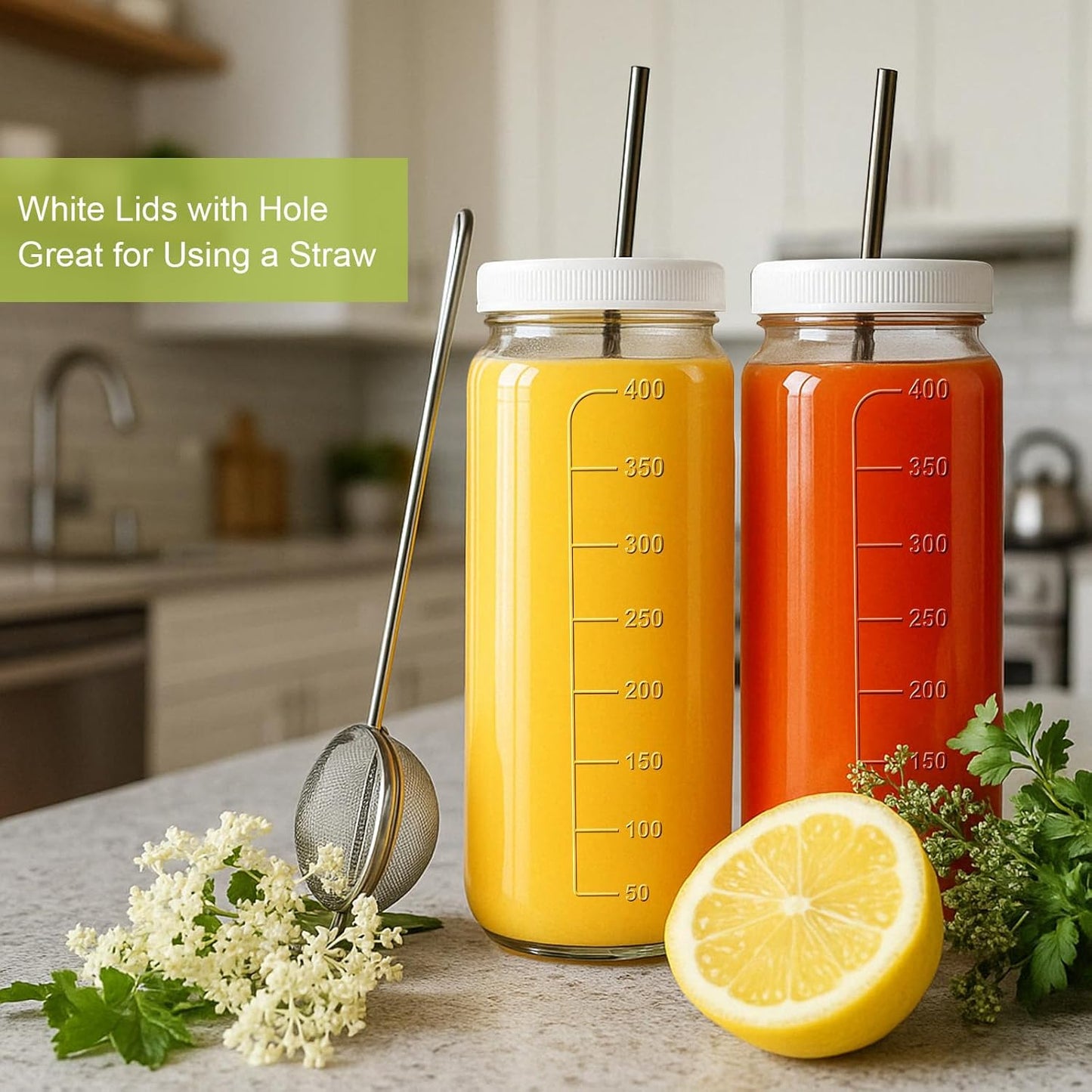 Ruckae 16oz 12 Pack Juice Bottles, Glass Bottles Juicing with Lids, Smoothie Cup Lids and Straws, Water Bottle Mason Jar Drinking Glasses for Juicing, Smoothies, Kombucha