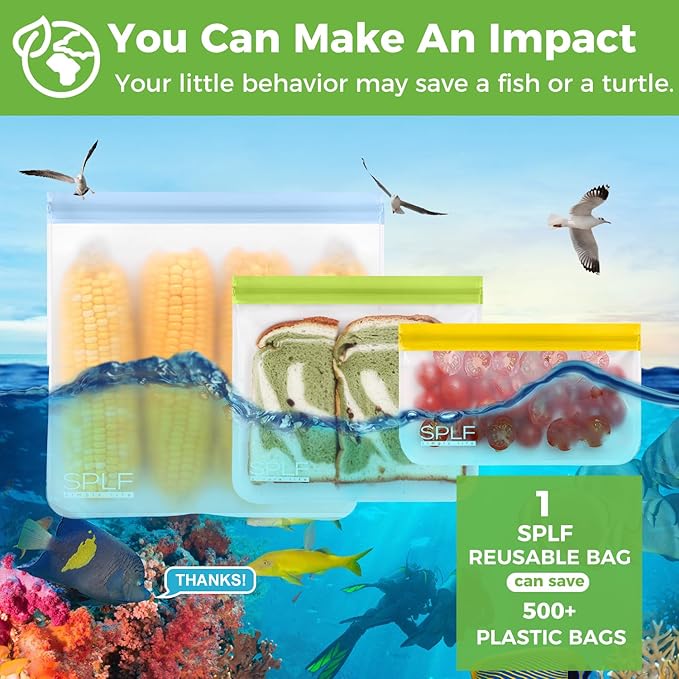 SPLF 9 Pack Reusable Gallon Freezer Bags Dishwasher Safe, BPA Free 1 gallon Leakproof Silicone and Plastic Free Food Storage Bags for Meal Prep, Fruits, Sandwich, Snack, Travel Items - Muticolor