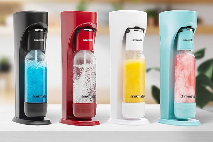 DrinkMate OmniFizz Sparkling Water and Soda Maker, Carbonates Any Drink, with 3 oz CO2 Test Cylinder (Royal Red)