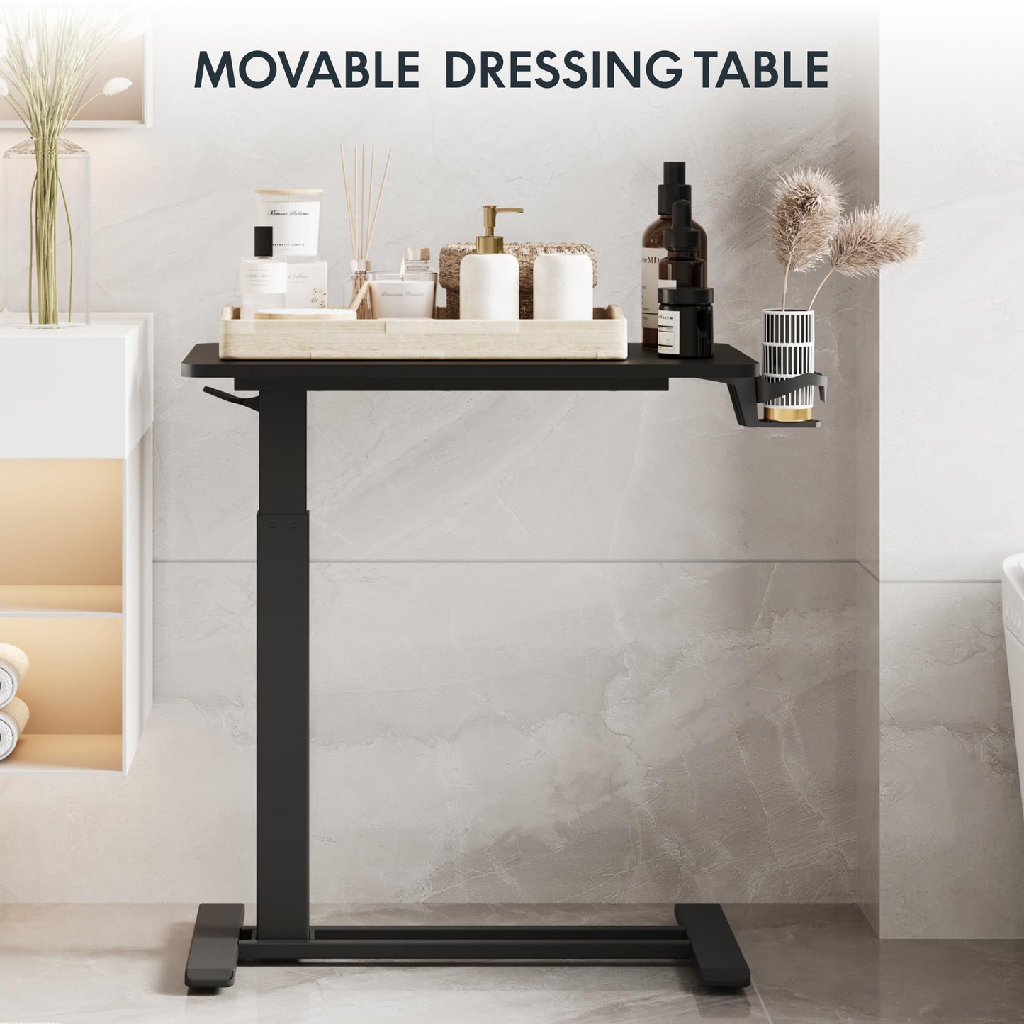 FLEXISPOT H7 Adjustable Overbed Bedside Table with Wheels Pneumatic Mobile Standing Desk Laptop Desk Rolling Computer Cart Movable Overbed Tables Hospital Home Use(27.6" W x 15.7" D, Black Table)