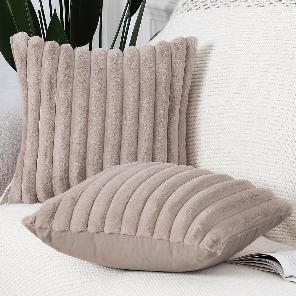 MADIZZ Set of 2 Faux Wool Plush Decorative Throw Pillow Covers 24x24 Inch Taupe Fluffy Striped Soft Decorative Cushion Cover for Sofa Bedroom Pillow Shell