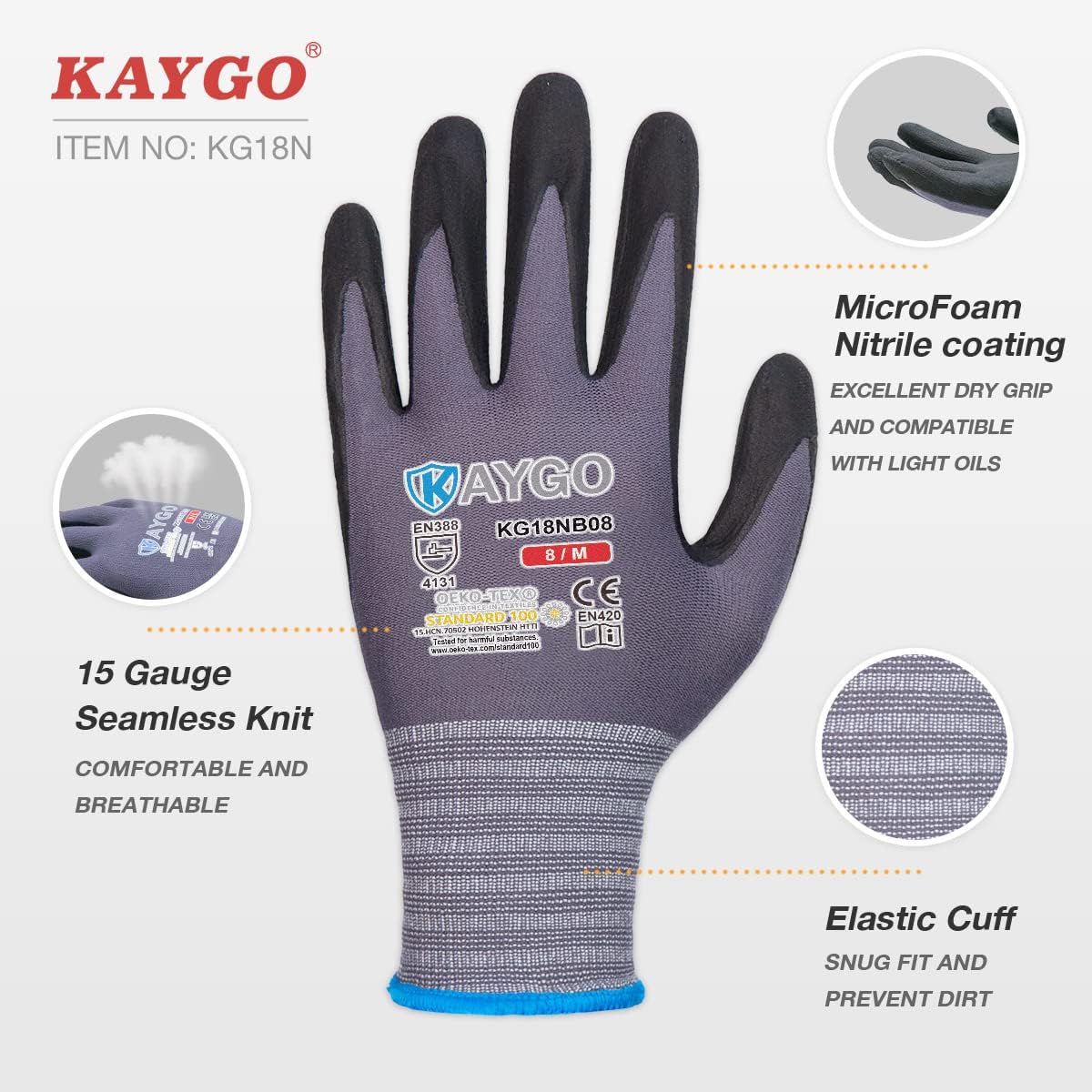 KAYGO Safety Work Gloves MicroFoam Nitrile Coated, 3 Pairs KG18NB,Seamless Knit Nylon Glove for Men and Women, Ideal for Automotive,Warehouse,Construction (Small,Gray)