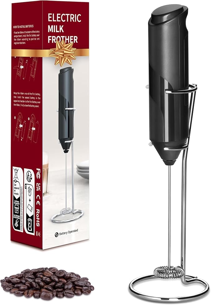 YSSOA Electric Milk Frother Handheld with Stainless Steel Stand Battery Operated Whisk Drink Mixer for Coffee, Latte, Matcha, Hot Chocolate, Black