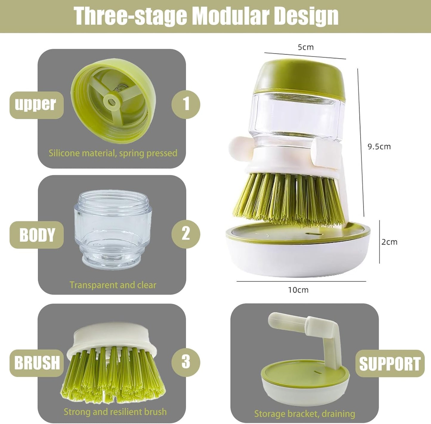Soap Dispenser with Dish Brush and Storage Bracket, Easy to Clean Kitchen Utensils and Sink, Gray