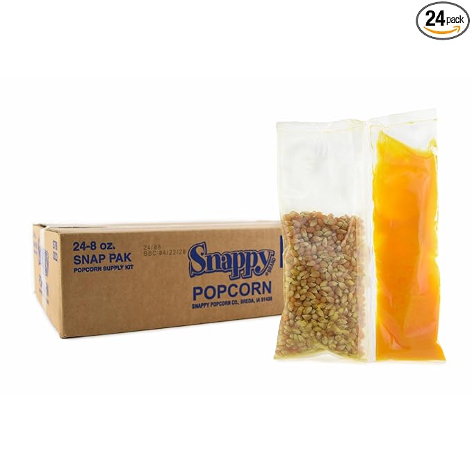 Snappy Snap-Paks All in One Popcorn Portion Packets for 6 oz Popping Machine, Kernels, Oil, and Salt, 24 Count