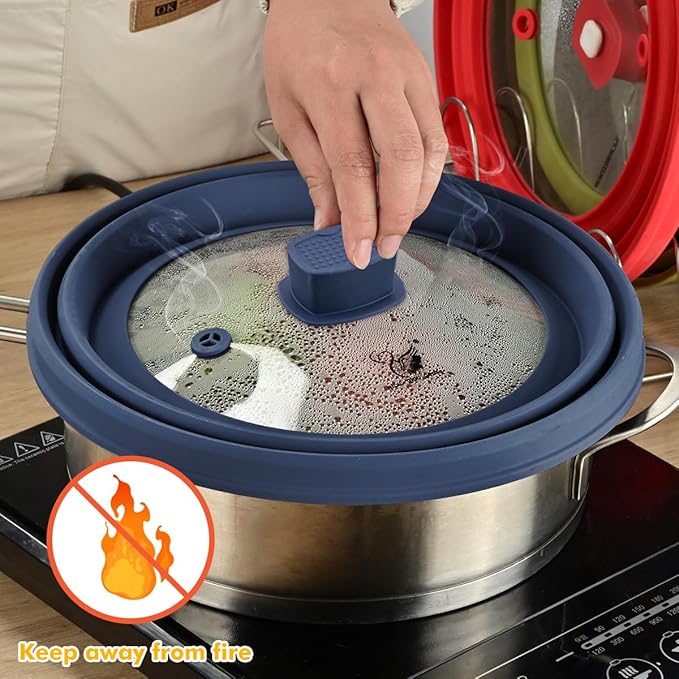 Tall Microwave Splatter Cover Glass Cover Guard Lid 5.8 inch Height with Collapsible Silicone for Food Pot Plate 8.5 inch Dark Blue