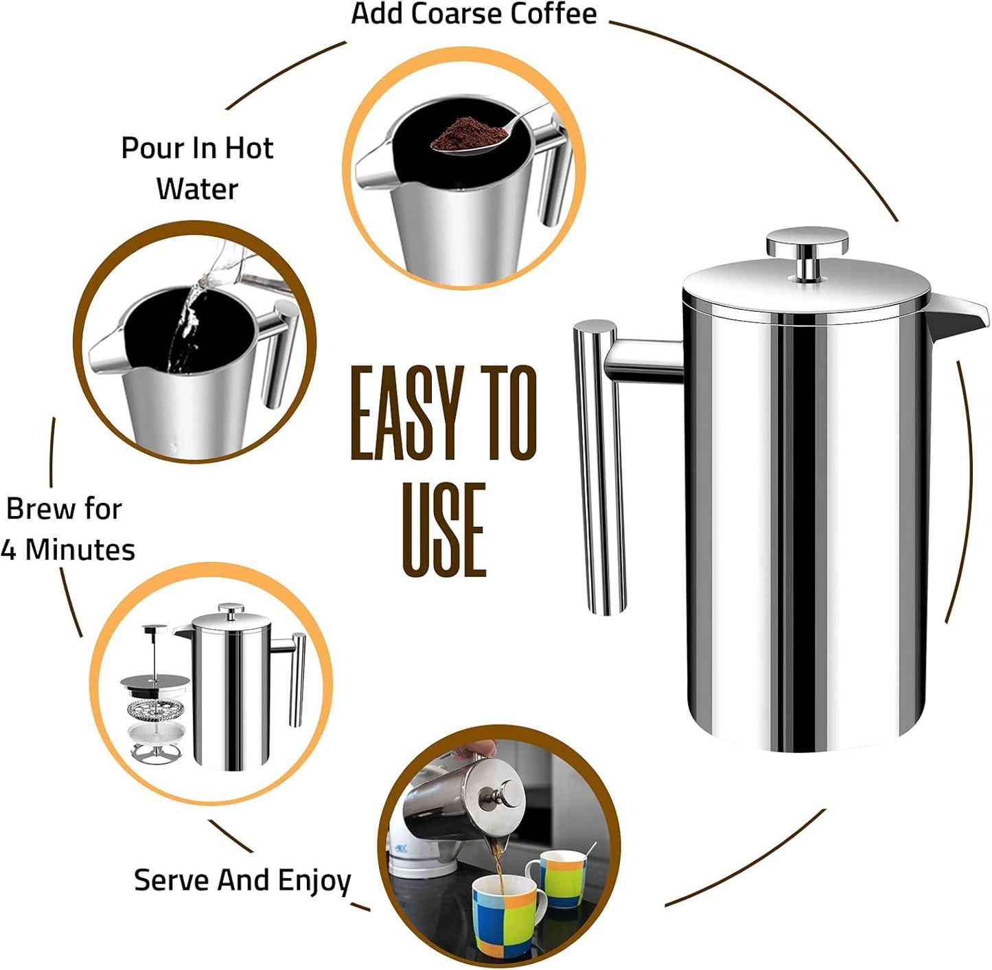 Utopia Kitchen Stainless Steel French Press Coffee Maker 34 Oz (1 Litre) with 2 Extra Filters, French Press Coffee & Tea Maker for Kitchen & Camping, Cold Brew Cafetiere, Silver