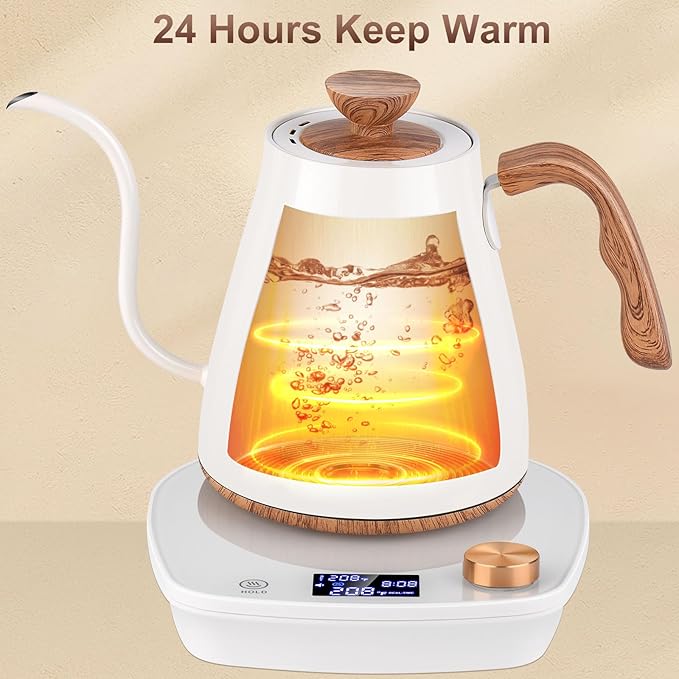 Gooseneck Electric Kettle, Intelligent Temperature Control, Stainless Steel Inner, Quick Heating, for Pour Over Coffee, Brew Tea, Boil Hot Water, 1000W 0.9L Cream White
