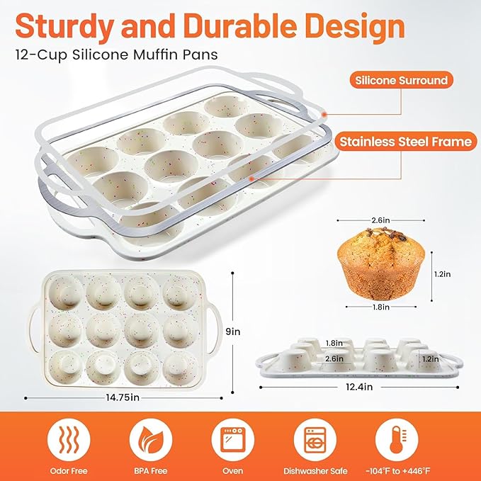 Vinino 2Pack Silicone Muffin Pan for Baking with Metal Reinforced Frame, 12 Cup Regular Size Cupcake Pan, BPA Free Silicone Muffin Tray, Cupcake Baking Pan Bite Molds for Oven Dishwasher Safe