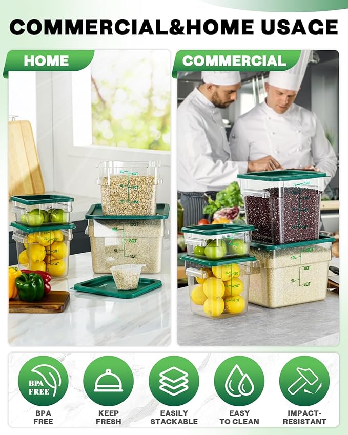 2QT NSF Food Storage Containers: 8 PCS [Food Grade][Hot&Cold Resistant] Commercial Clear Square Food Storage Containers with Scales Handles for Home Restaurant Kitchen Proof Dough(Green)