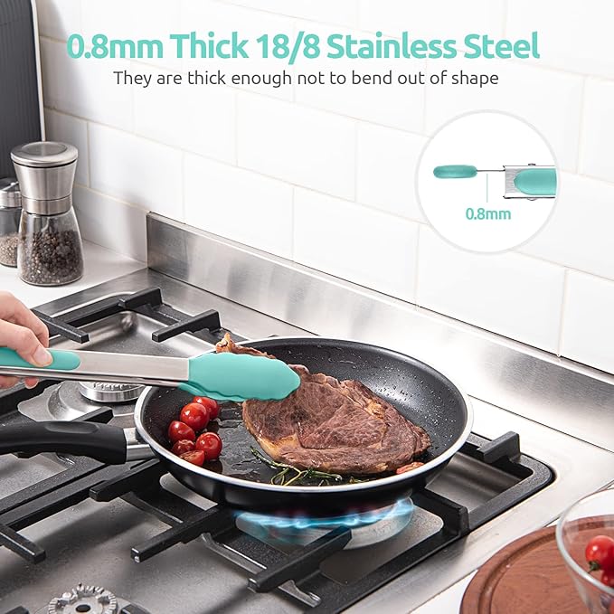 Heat Resistant Silicone Kitchen Tong: U-Taste 12 inch Large 480ºF Hot Proof Cooking Tong with Sturdy Non Stick Rubber Tips & Silicon Coated Steel Handle & Smooth Locking for Serving Salad (Aqua Sky)