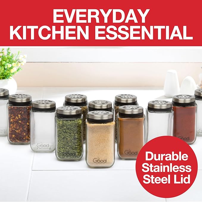 Adjustable Glass Spice Jars (Set of 12) with 6 Pouring Sizes- Stainless Steel Lid/Cap- Square Seasoning Bottle Containers for Minimalist Kitchen Pantry Storage Organization- Fill Shaker w Salt Pepper