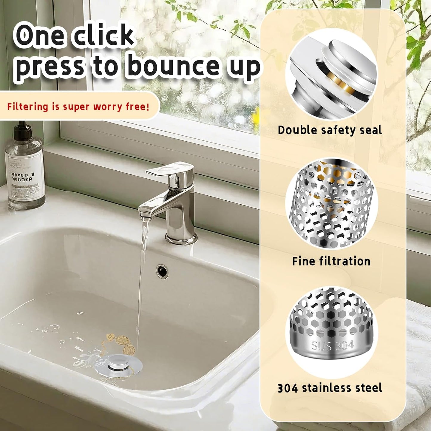 2Pack Bathroom Sink Stopper 1.06"-1.50", Universal Bathroom Sink Drain Pop Up Stopper for US Bathroom Sink Stainless Steel Floor Drain Filter, U.S. Standard Universal Drain Filter (Silver)