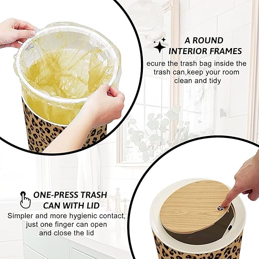 Trash Can with Lid Leopard Seamless Classic Print Skin Wild cat Fashion Press Top Round Small Garbage Bin with Wooden Legs Waste Basket for Kitchen Bedroom Nursery 7L/1.8 Gallon