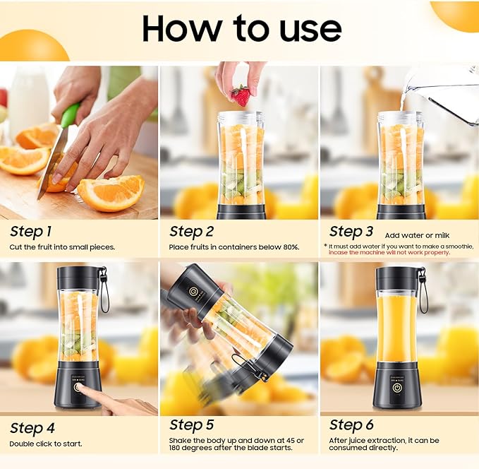 Cordless Portable Personal Size Blender - Mini Blender Make Smoothies and Shakes, 380Ml BPA Free Travel Cup, Powerful Blending Suit in Office/Home/Gym, Mother's Day