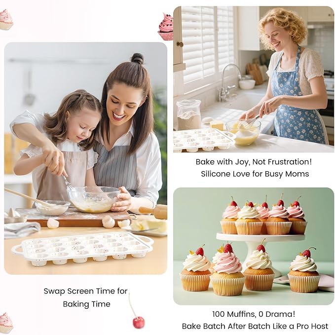 Silicone Muffin Pan with Metal Reinforced Frame - 12 Cups Muffin Pan With 24 Cups for Homemade Muffins, Cupcakes, Oven and Dishwasher Safe - Set of 2, Rainbow Dots