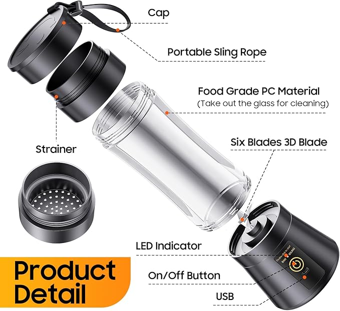 Cordless Portable Personal Size Blender - Mini Blender Make Smoothies and Shakes, 380Ml BPA Free Travel Cup, Powerful Blending Suit in Office/Home/Gym, Mother's Day