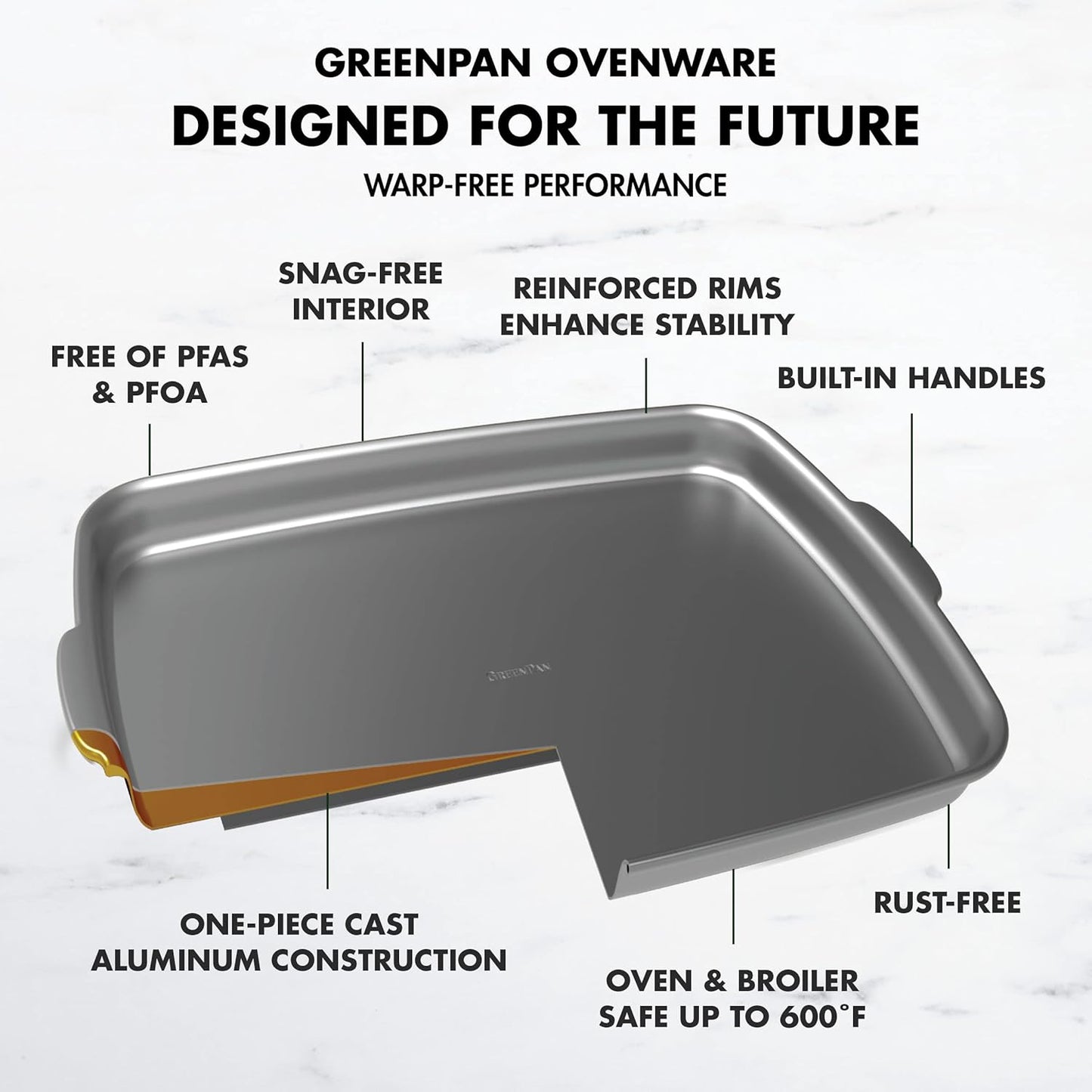 GreenPan Premiere Ovenware Healthy Ceramic Nonstick 13" x 9" Quarter Sheet Baking Pan, PFOA & PFAS-Free, Warp-Free Bakeware, Durable Quick Heating, Oven & Broiler Safe to 600F, Dishwasher Safe, Gray