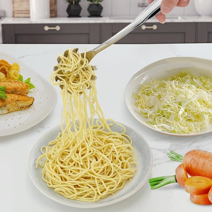 Pleafind Spaghetti Spoon, One-Piece Stainless Steel Pasta Spoon, 13-Inch Comfort Grip Design Pasta Scoop, Spaghetti Strainer with Teeth, Silver Pasta Server Utensil