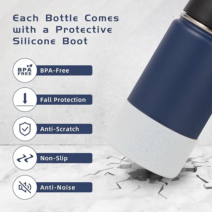 Volhoply 14oz KIds Stainless Steel Insulated Leakproof Water Bottle with Straw Lid and Silicone Boot,BPA-Free Easy Use for Boys&Girls,Double Wall Vacuum Bottles(Navy,1)