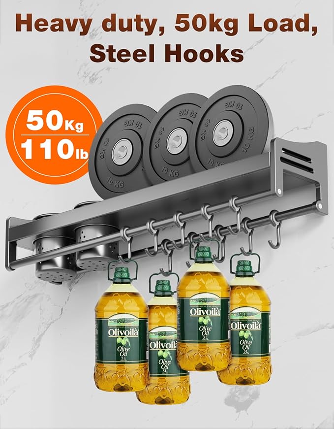 utensil hanger, wall mounted kitchen rail with hooks, waterproof hooks for kitchen utensils, easy installation without drilling (19.7 inches, Cups, 2)
