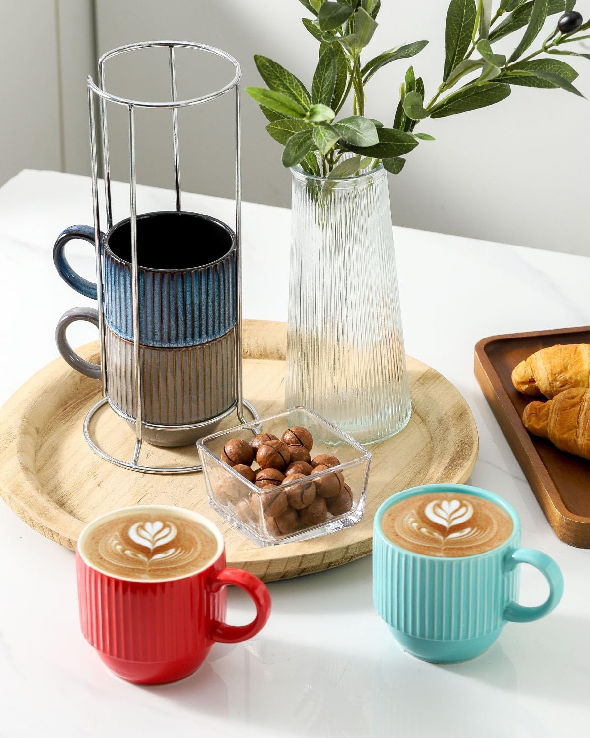 Hasense Coffee Mug Set of 4 with Holder - 12 oz Stackable Large Ceramic Ribbed Latte Cup Set for Cappuccino, Tea, Hot Cocoa, Drinks - Dishwasher & Microwave Safe Multi color
