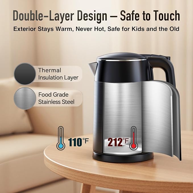 Mecity Electric Kettle 1.7L Touch Screen Temperature Control Water Boiler, No Plastic Contact with Water. 6 Preset Temperature Programs, 2 Hours Keep Warm, Auto Shut Off, Dark Grey
