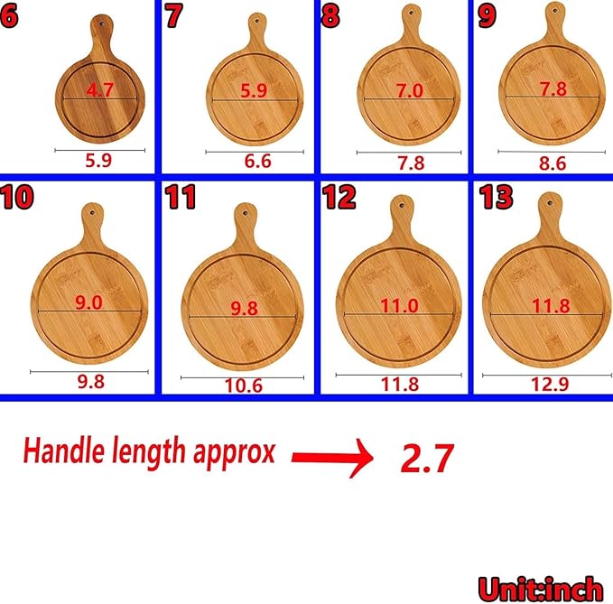 6 Pack Pizza Board Set – Premium Wooden Pizza Plates for Serving & Cutting, Round Bamboo Pizza Plate with Handle, Durable & Lightweight for Home & Restaurant (Up to 13 Inches),11inch