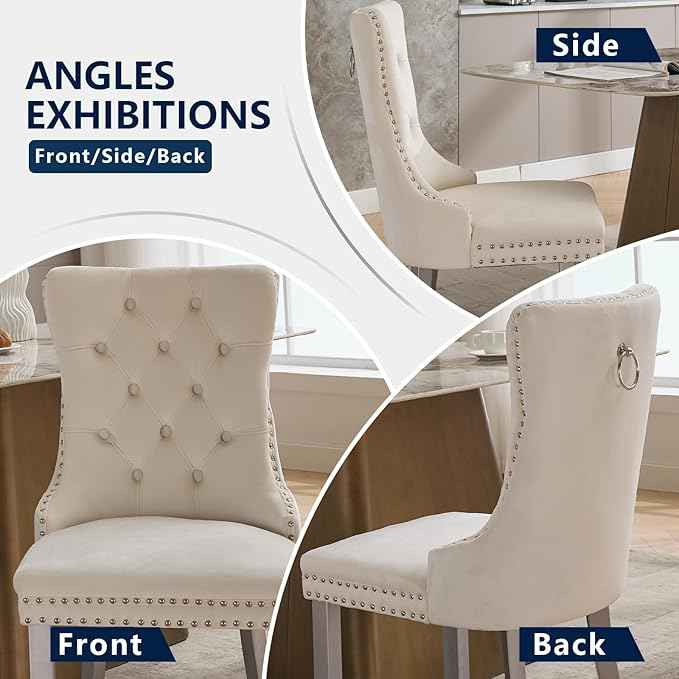 Velvet Dining Chairs Set of 6, Kitchen & Dining Room Chairs, Upholstered Dining Chairs with Back Ring Pull and Silver Solid Wood Legs, Modern Tufted Kitchen Chairs for Dining Room, Cream