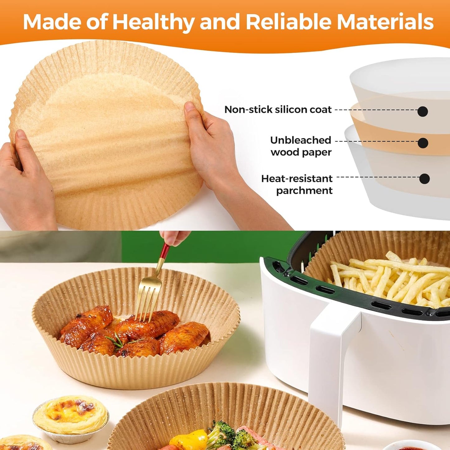 Air Fryer Liners Disposable - 150Pcs 8In Round Parchment Paper for Air Fryer Non-Stick Airfryer Basket Liners for Steamer Microwave Oven